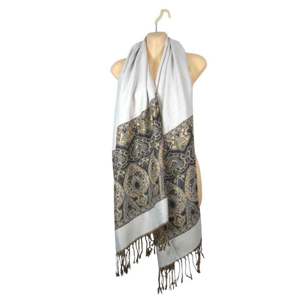 White & Gold Metallic Paisley Pashmina Shawl Scarf Fringe 26.5x68